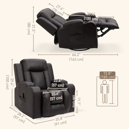 Swivel Massage Recliner Chair, Manual Rocking Sofa, PU Leather, Brown Single Sofas at Gallery Canada