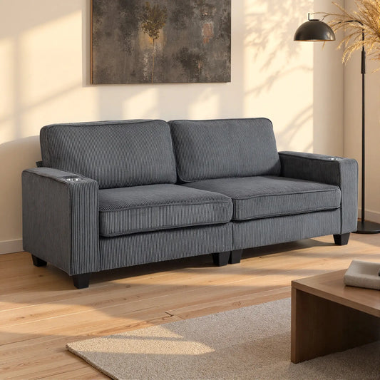 Three Seater Sofa, Fabric Couch with Spring Cushion, Cup Holders, Dark Grey 3-Seater Sofas Dark Grey at Gallery Canada