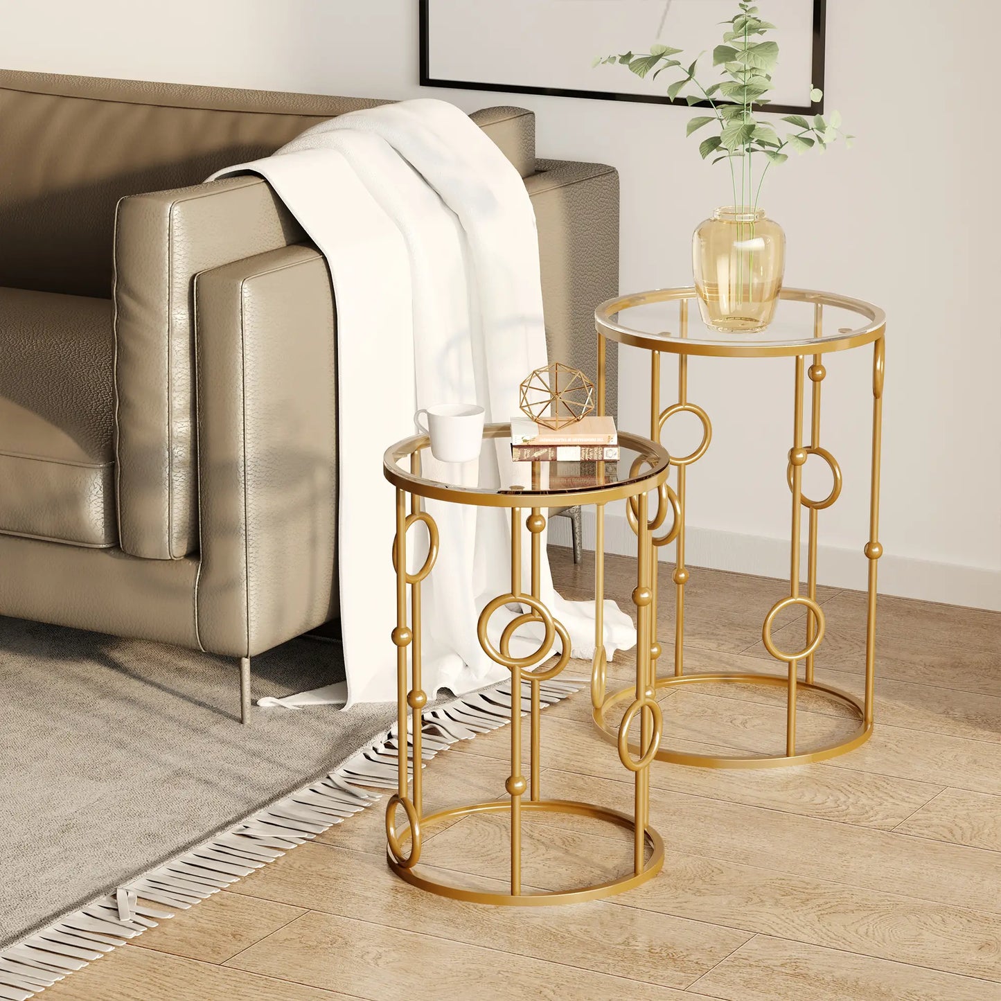 Round Coffee Tables Set of 2, Tempered Glass Top, Steel Frame, Gold Coffee Tables at Gallery Canada