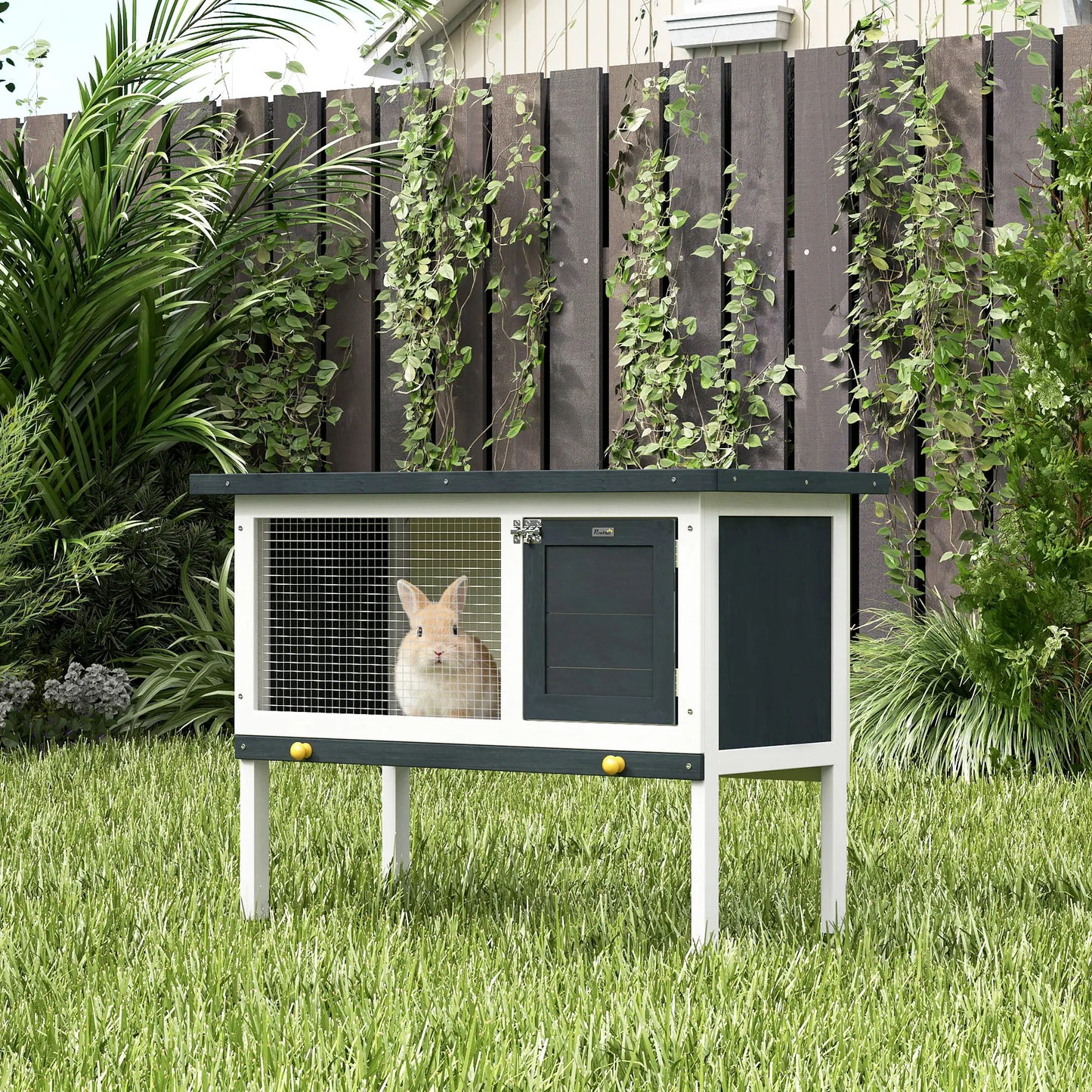 Wooden Outdoor Rabbit Hutch, Slide-Out Tray, Openable Roof, 35" W x 18" D x 26" H, Black Rabbit Hutch at Gallery Canada