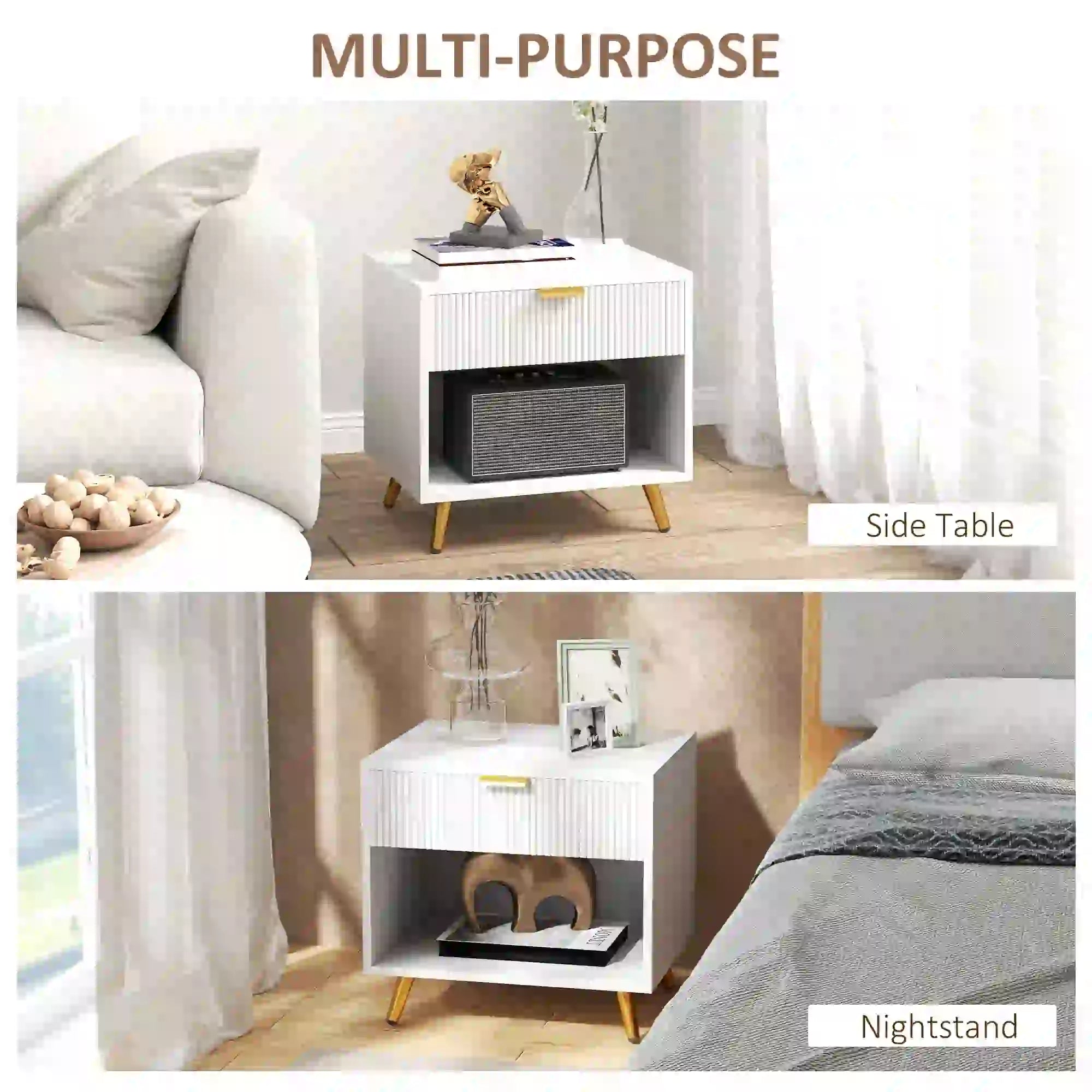 Modern Nightstand with Drawer, Open Compartment, White Bedside Tables at Gallery Canada