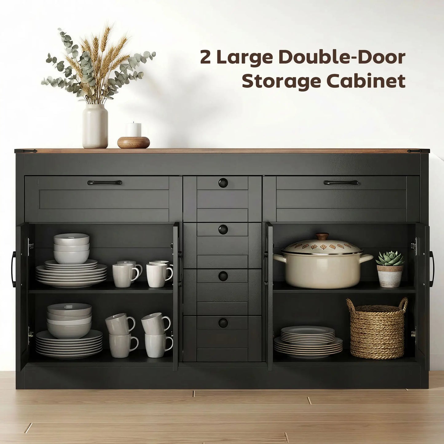 55" Sideboard Buffet Cabinet, Farmhouse Kitchen With Barn Doors, Black Bar Cabinets at Gallery Canada