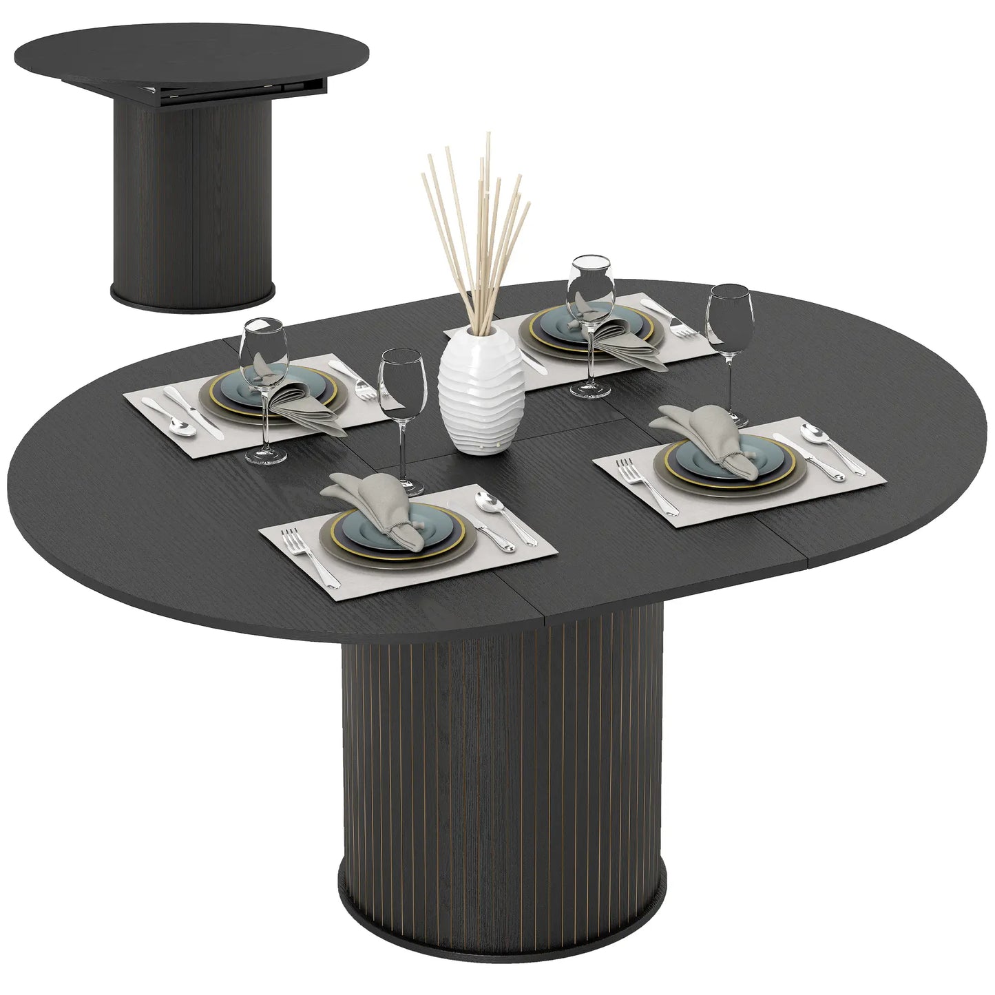 Extendable Kitchen Table, 43.5"-59", Black Wood Grain, Pedestal Base, Black Dining Tables at Gallery Canada