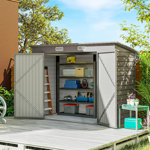 8 x 4FT Galvanized Metal Garden Shed, Double Doors, 2 Vents, Light Grey
