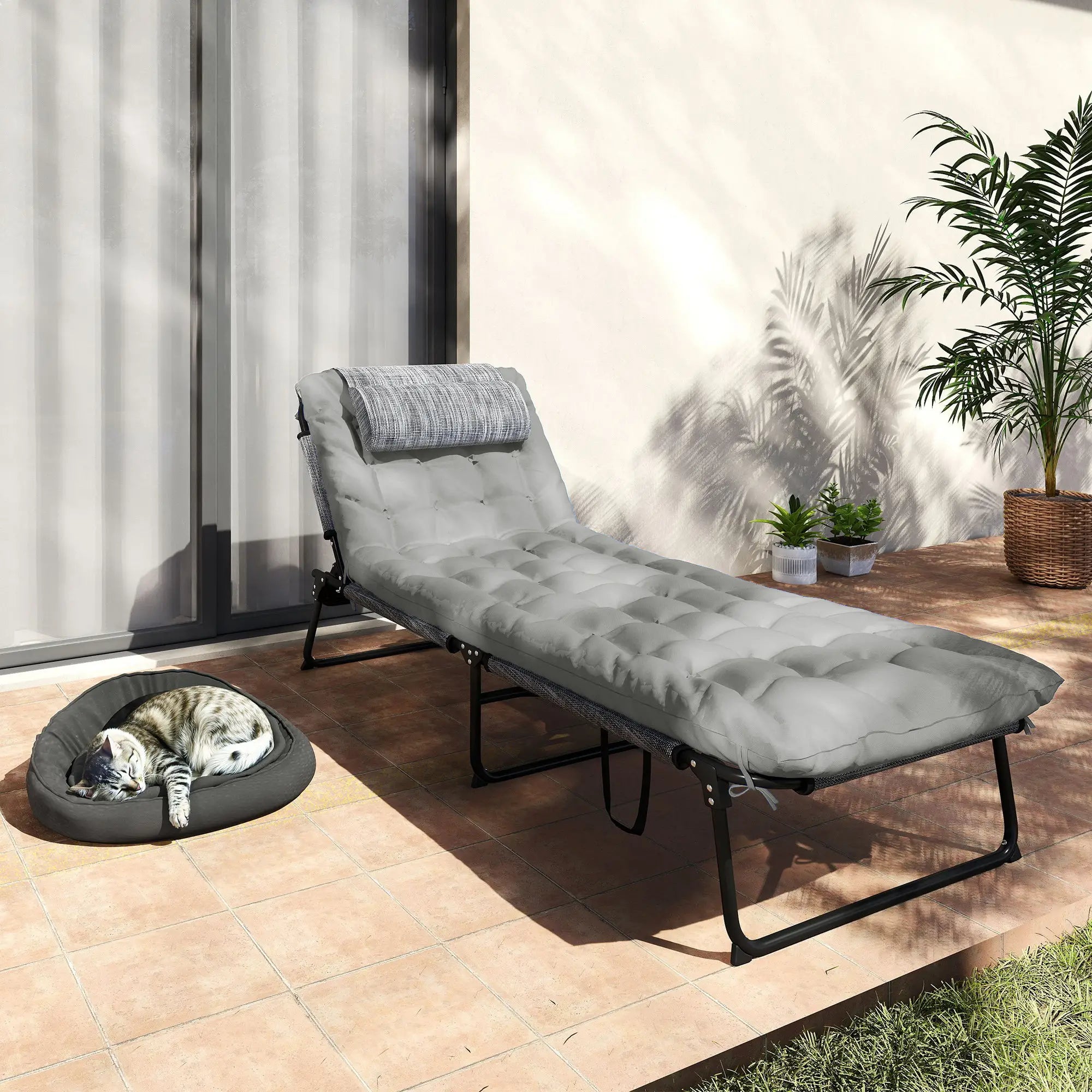 Folding Lounge Chair, 4-Level Reclining Back, Cushion, Grey Lounger Chairs at Gallery Canada