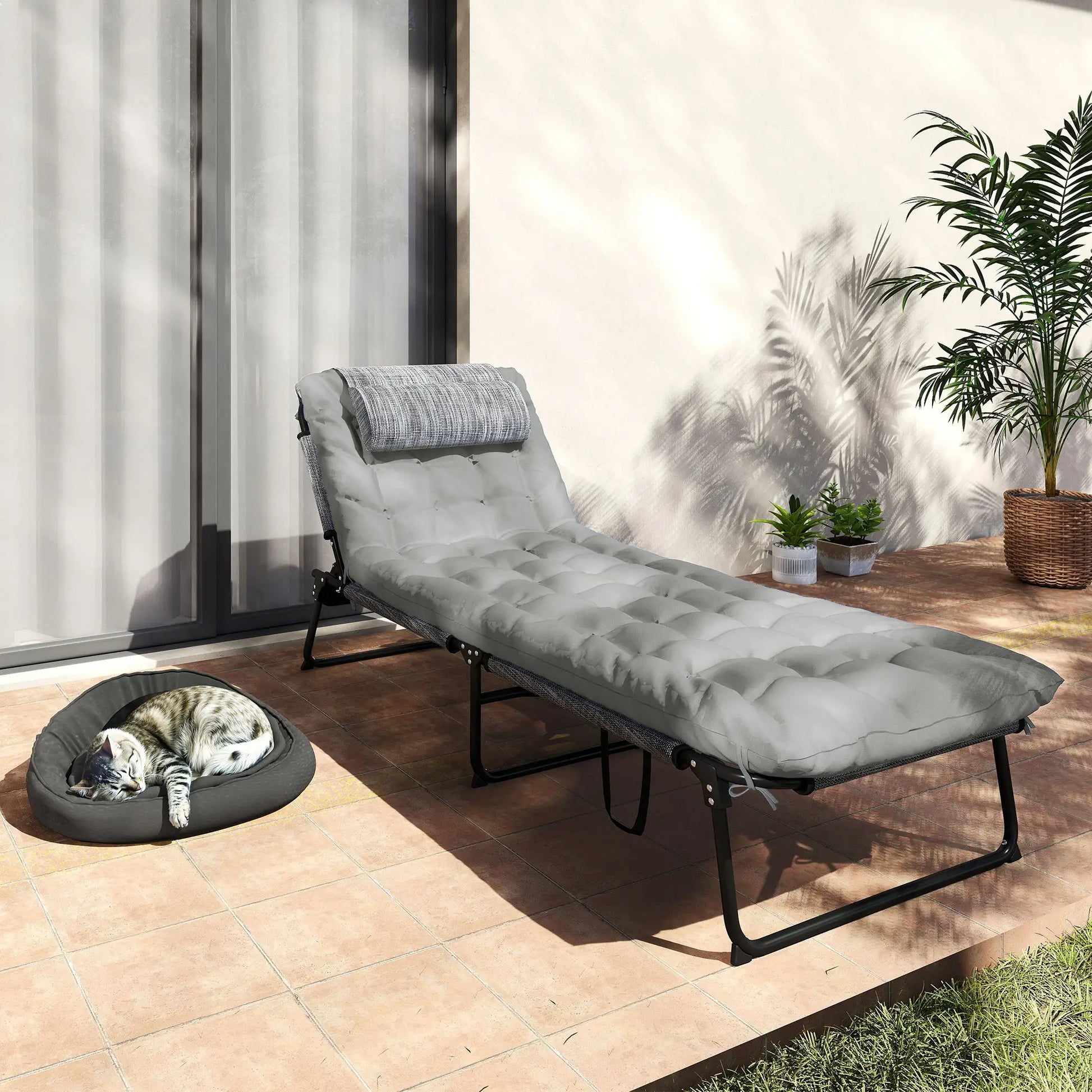Folding Lounge Chair, 4-Level Reclining Back, Cushion, Grey Lounger Chairs at Gallery Canada