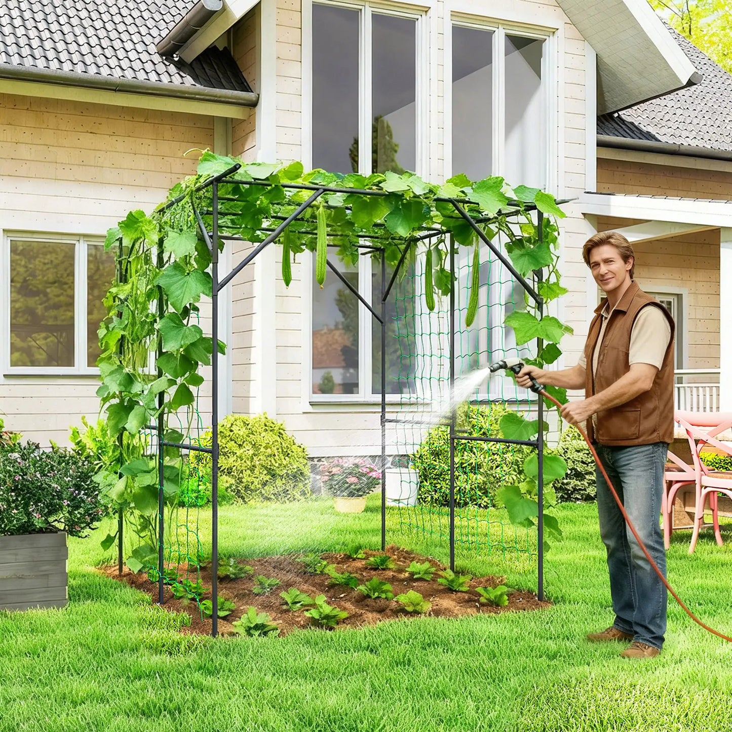 6.4FT Tall Metal Garden Arch Trellis, Plant Support With Climbing Net Plant Stands at Gallery Canada