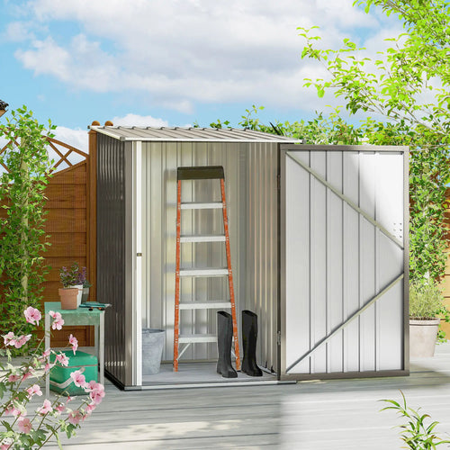 3.3' x 3.4' Outdoor Storage Shed, Galvanized Steel, Lockable Door, Brown and White