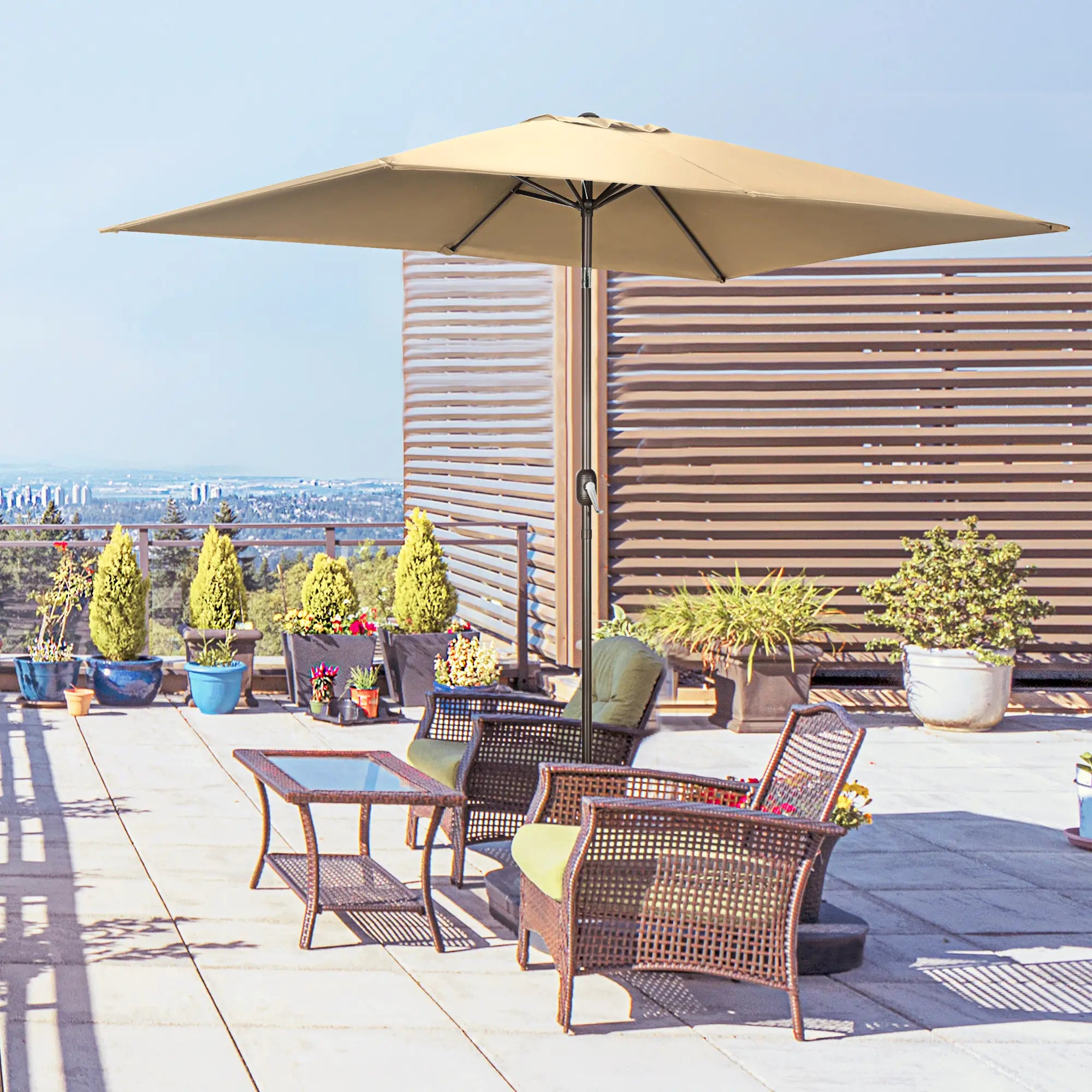 6.5x10ft Rectangle Patio Umbrella, Aluminum Frame, Crank Handle, Tan Sun Umbrellas at Gallery Canada