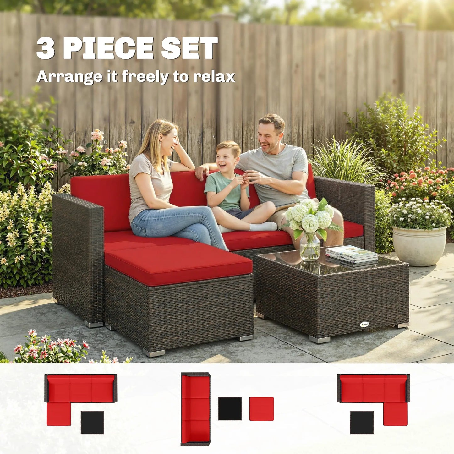 3-Piece Patio Furniture Set, Outdoor PE Rattan Wicker Sofa, Glass Top Table Patio Furniture Sets at Gallery Canada