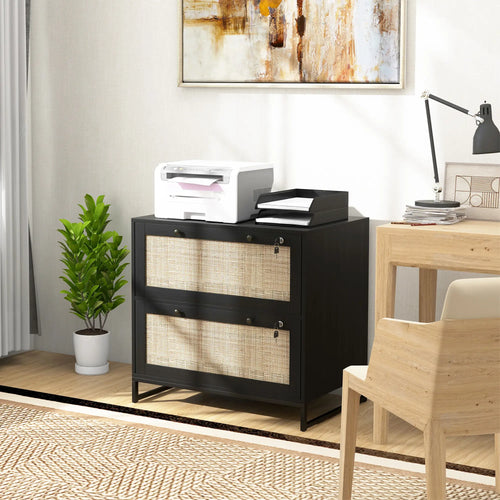 2-Drawer Filing Cabinet with Lock, Rattan, Adjustable Hanging Bar, Black