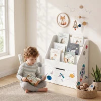 Bibliothèque pour enfants à 3 niveaux, tiroir mobile, de 3 à 8 ans, blanc