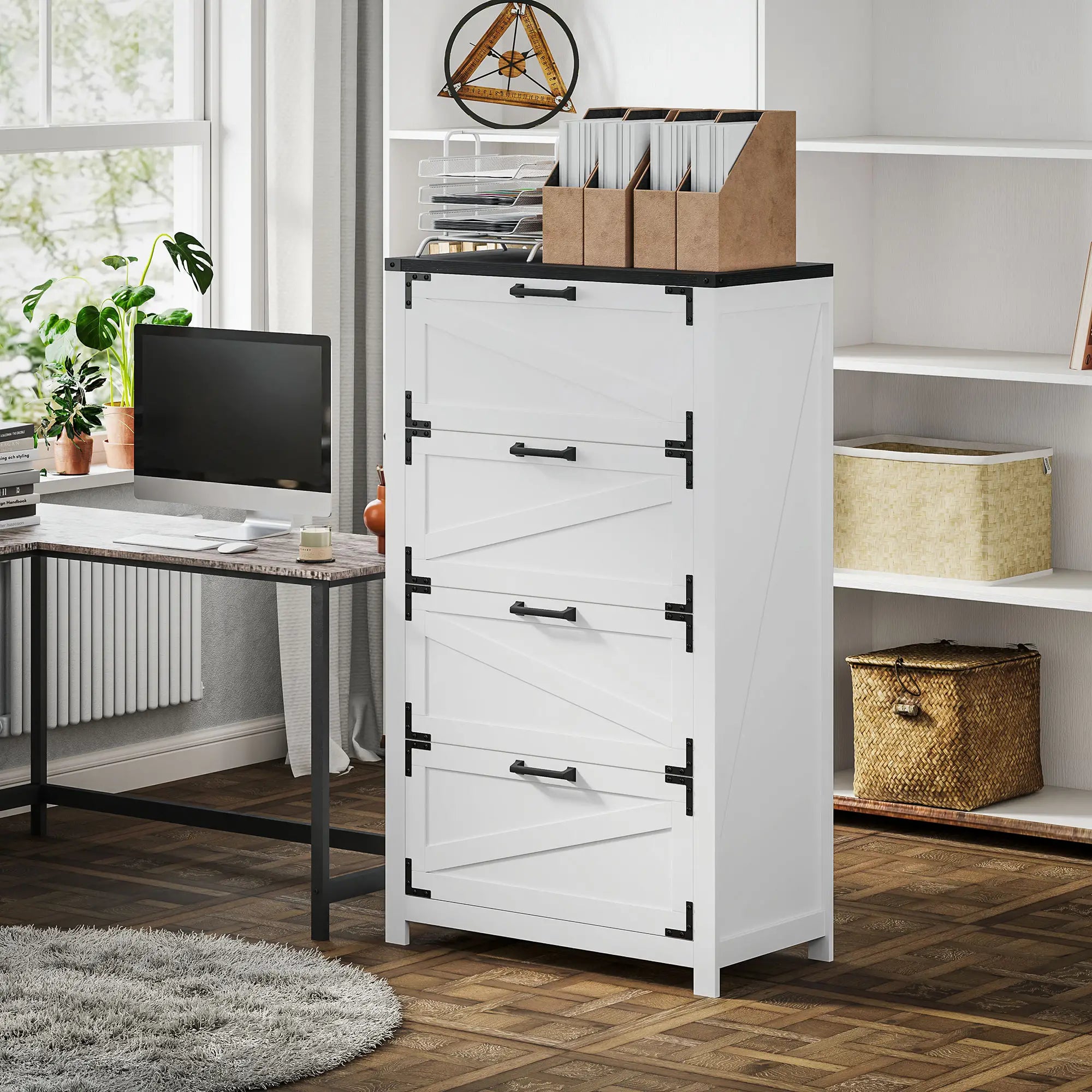 4 Drawer Filing Cabinet, Farmhouse Office Storage, Adjustable Hanging Bars, Letter A4 Legal Size, White Office Cabinets & Cupboards at Gallery Canada