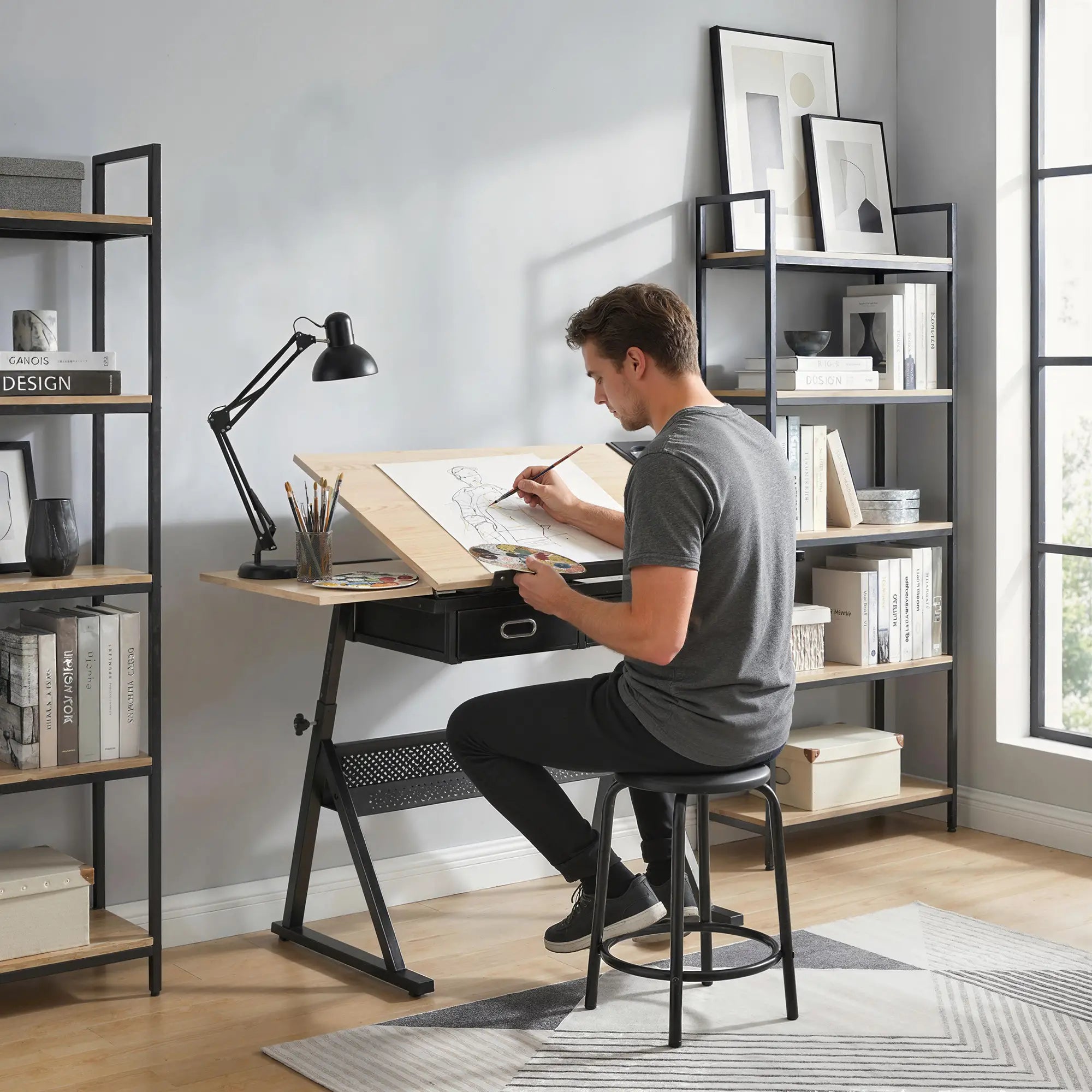 Adjustable Drafting Table, Art Desk With Stool And Storage Drawers, Oak Writing Desks at Gallery Canada