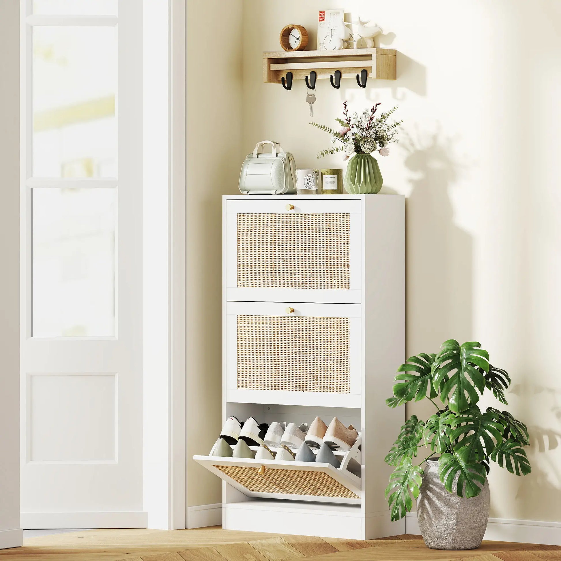 Rattan Shoe Storage Cabinet, 3 Flip Drawers, Adjustable Shelves, 18 Pairs, White Shoe Storage Cabinets & Racks at Gallery Canada