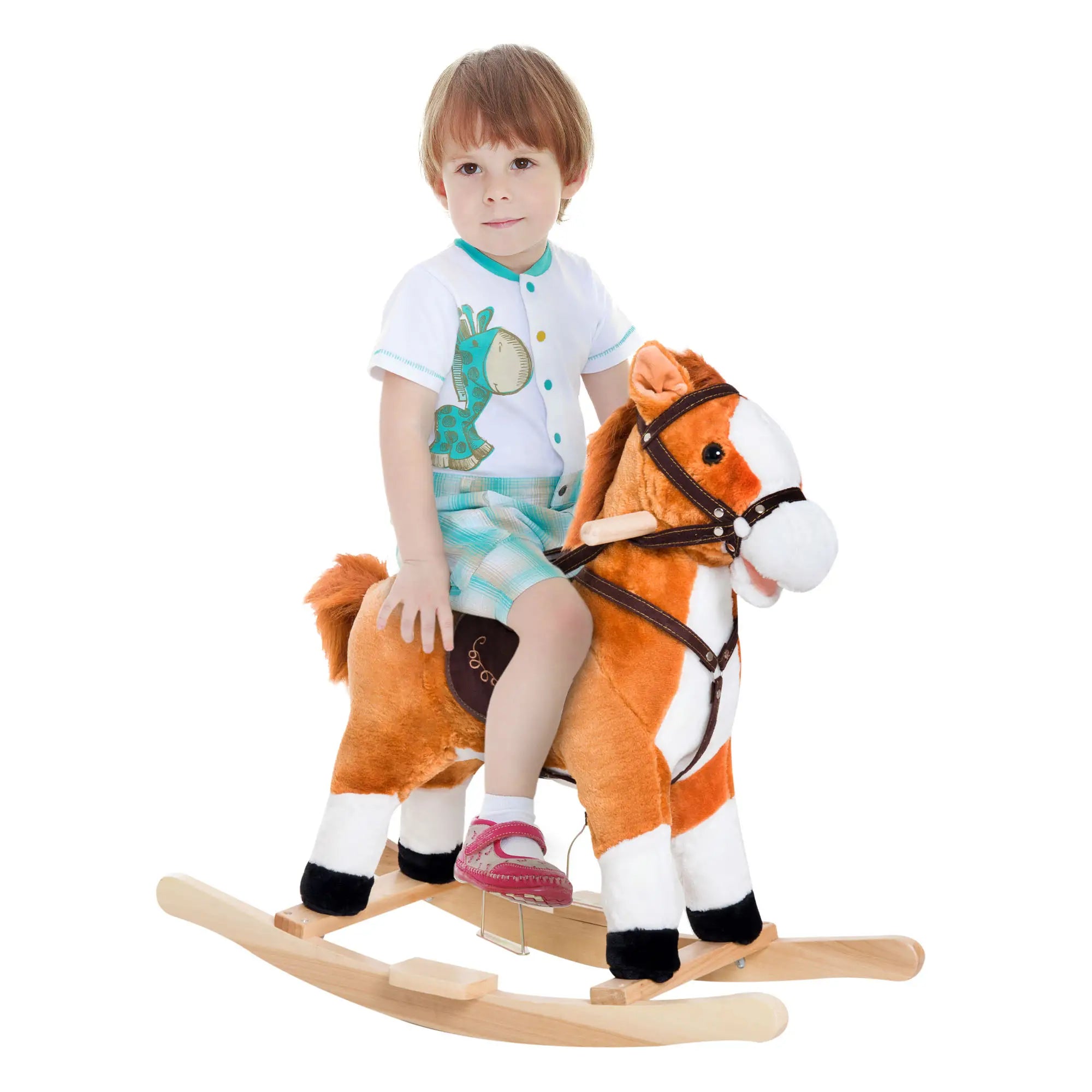 Kids Rocking Horse, Plush Ride-On Toy, Realistic Sound, Brown, Red Rocking Horses Red Brown at Gallery Canada