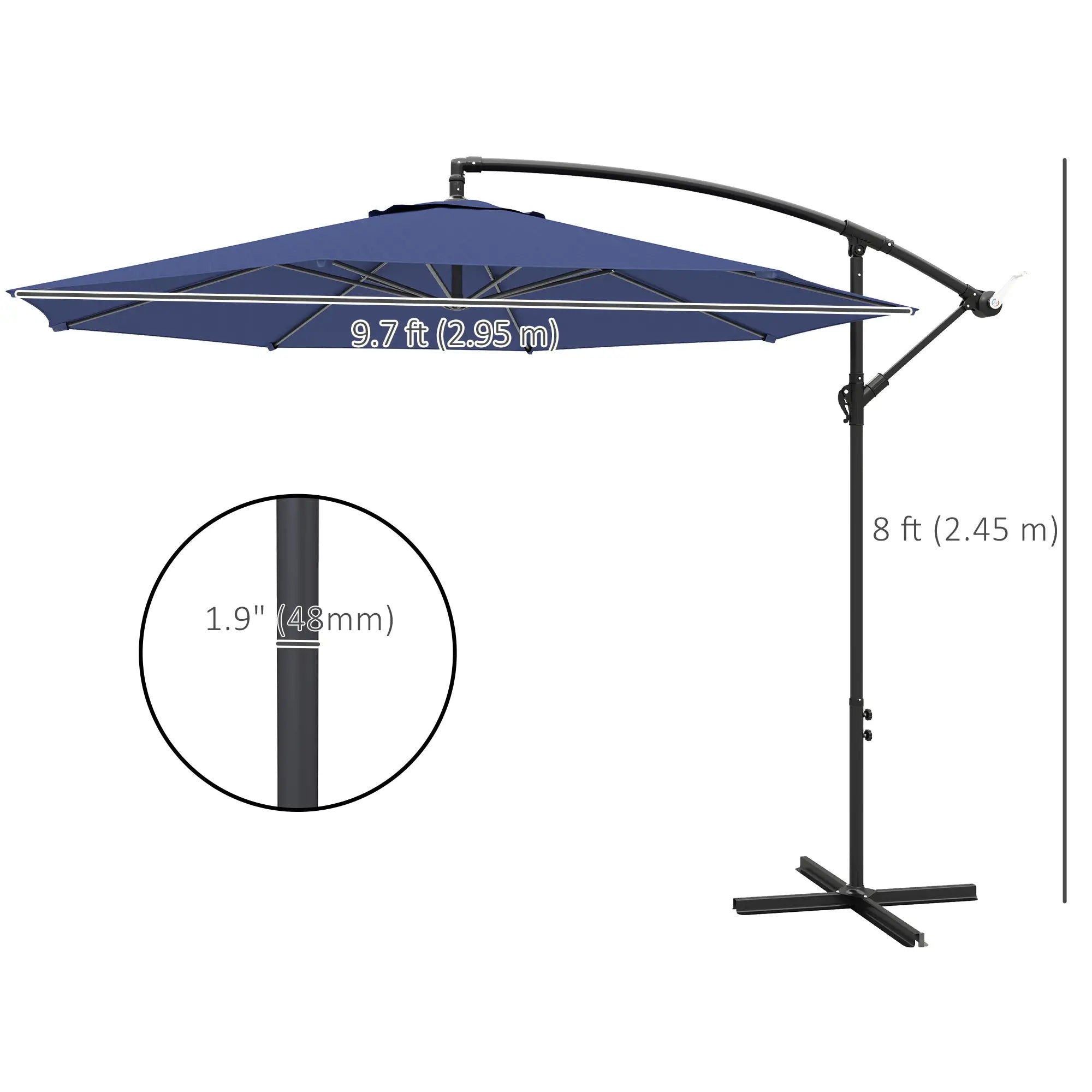 9.7ft Offset Patio Umbrella, 8 Ribs, Crank Handle, Cross Base, Blue Offset Cantilever Umbrellas at Gallery Canada