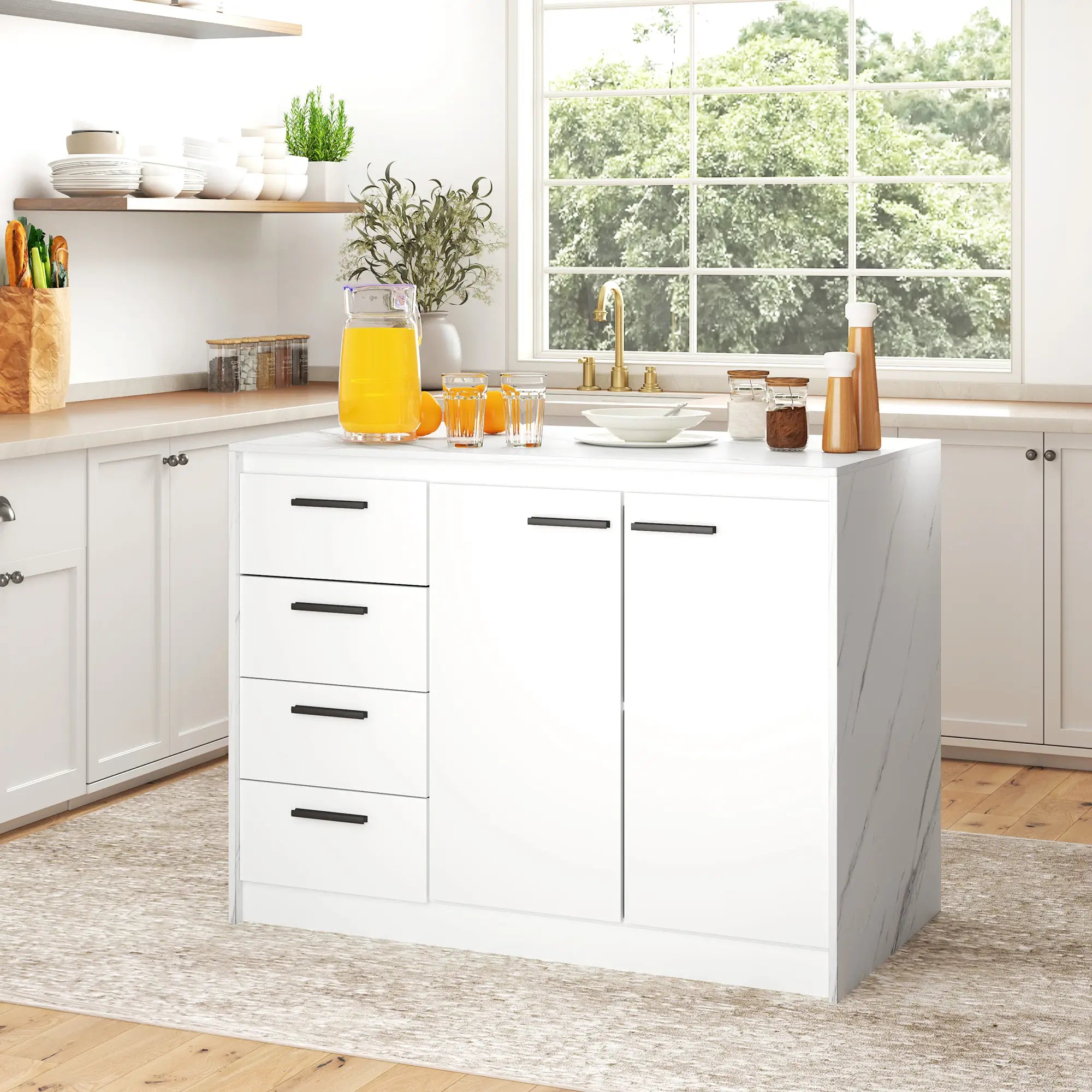 Kitchen Island, Storage Cabinet, 4 Drawers, Adjustable Shelf, Faux Marble, White Kitchen Islands & Kitchen Carts at Gallery Canada