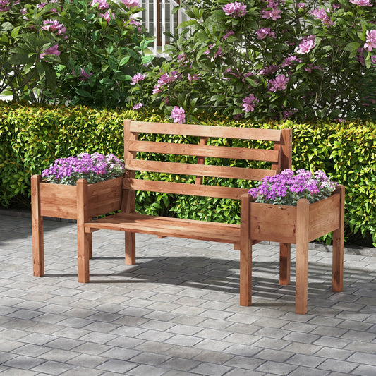 Wood Outdoor Bench with Planter Boxes 2-Seater Garden Bench with Slat Seat and Back Dark Brown - Gallery Canada