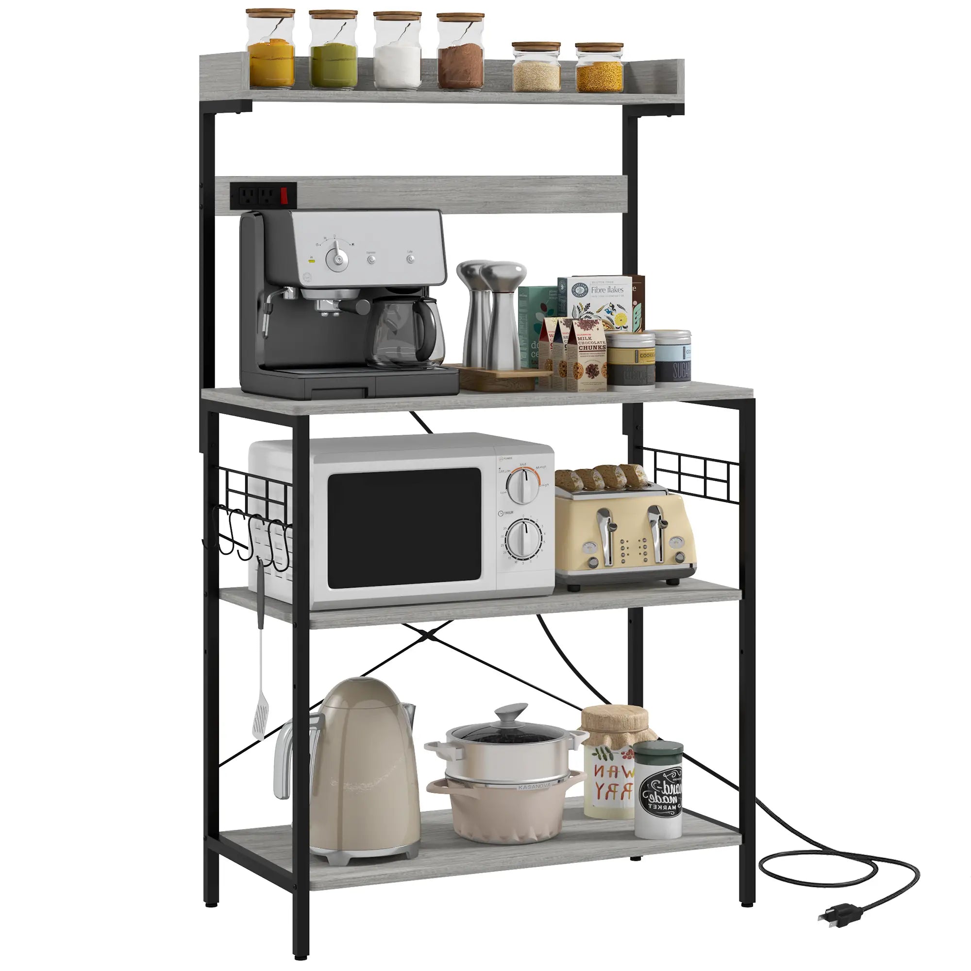 Kitchen Baker's Rack with Power Outlet, Coffee Bar Station with Adjustable Shelves and Hooks, Distressed Grey Bar Cabinets at Gallery Canada
