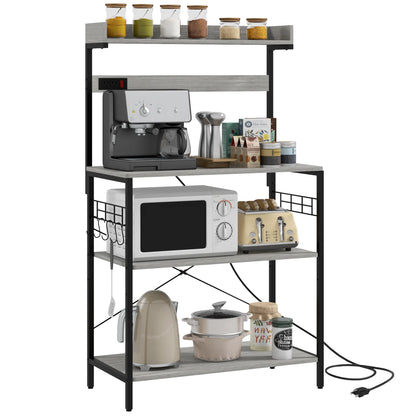Kitchen Baker's Rack with Power Outlet, Coffee Bar Station with Adjustable Shelves and Hooks, Distressed Grey Bar Cabinets at Gallery Canada