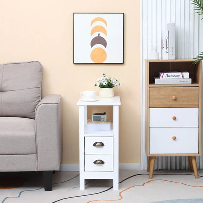 Slim End Table with 2 Drawers, Storage Shelf, White Side Tables at Gallery Canada
