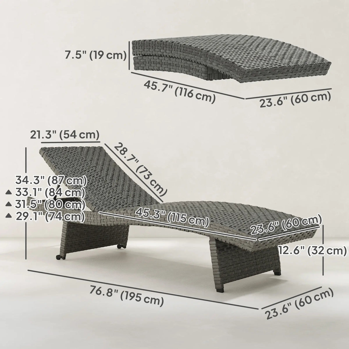 Folding Wicker Outdoor Chaise Lounge, 4-Level Adjustable Backrest, Grey Wicker Chaise Loungers at Gallery Canada
