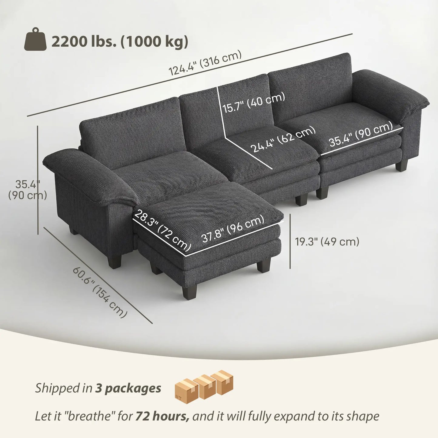 L-Shaped Sectional Sofa, Movable Ottoman, Pillow-Top Armrests, Dark Grey 3-Seater Sofas at Gallery Canada