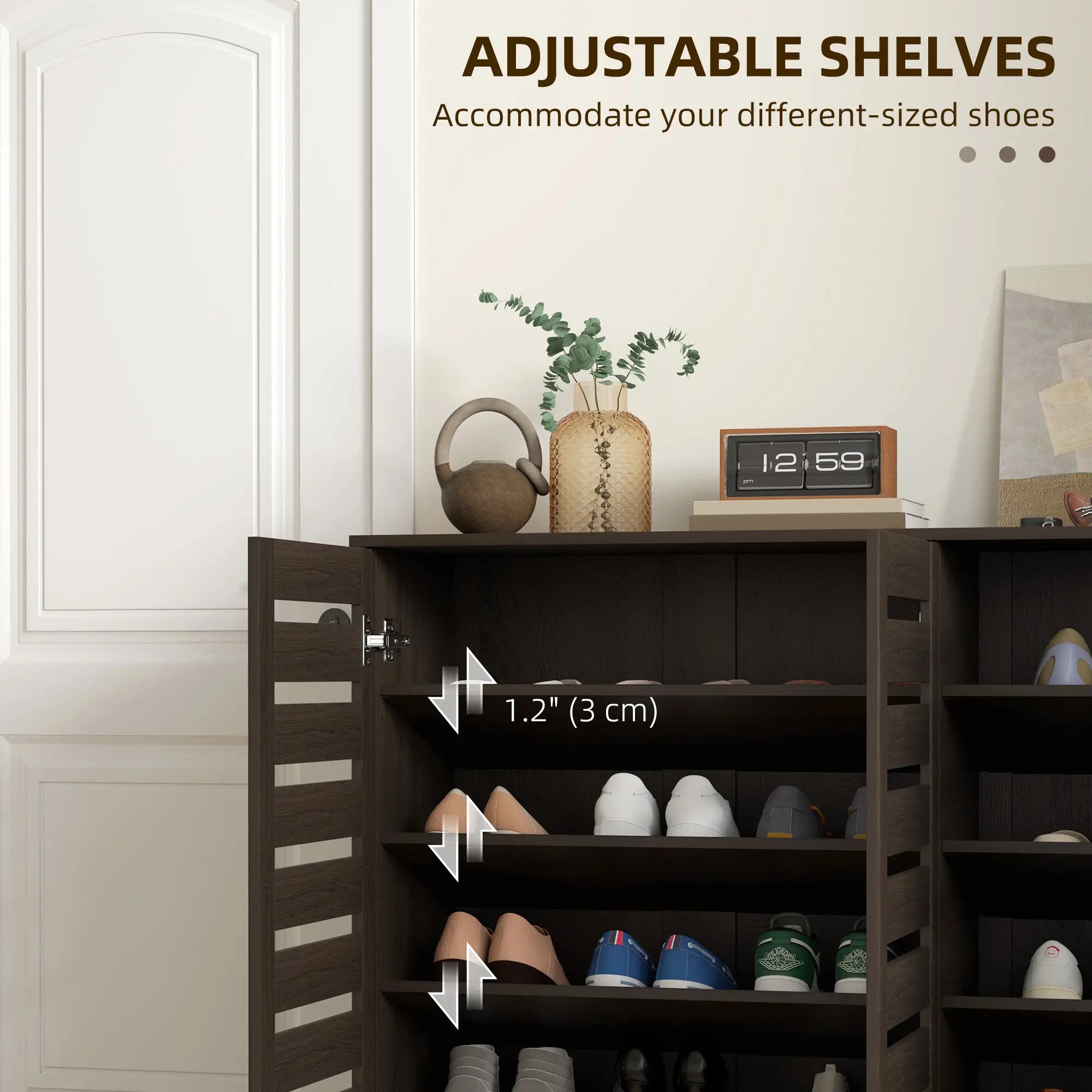 Narrow Shoe Cabinet, Slatted Doors, Adjustable Shelves, 20 Pairs, Dark Brown Shoe Storage Cabinets & Racks at Gallery Canada