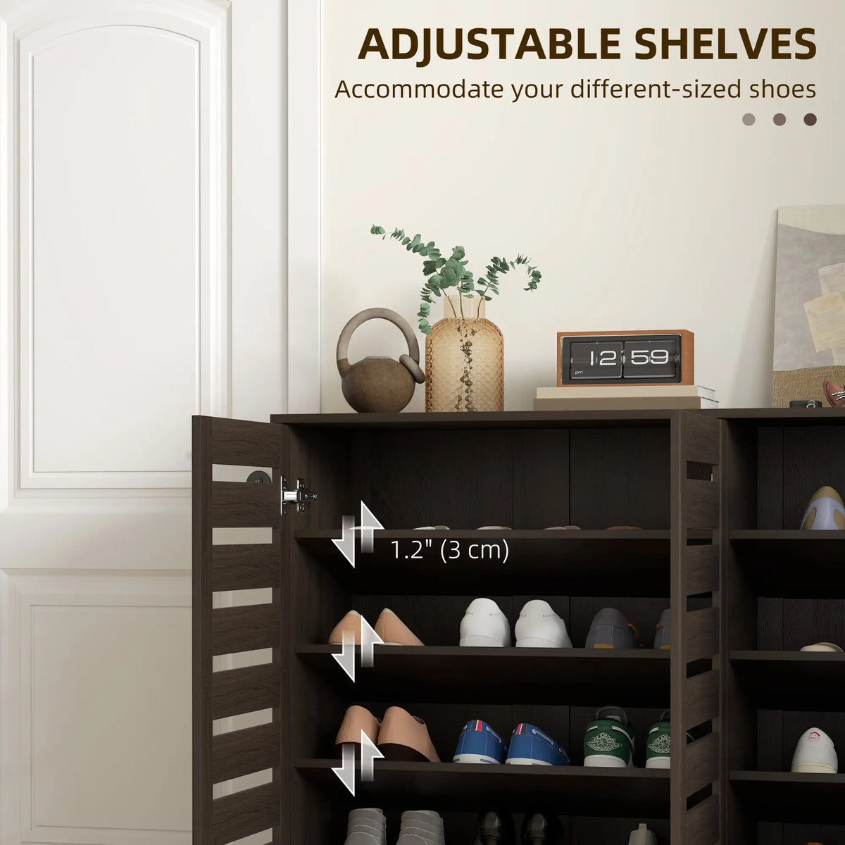 Narrow Shoe Cabinet, Slatted Doors, Adjustable Shelves, 20 Pairs, Dark Brown Shoe Storage Cabinets & Racks at Gallery Canada