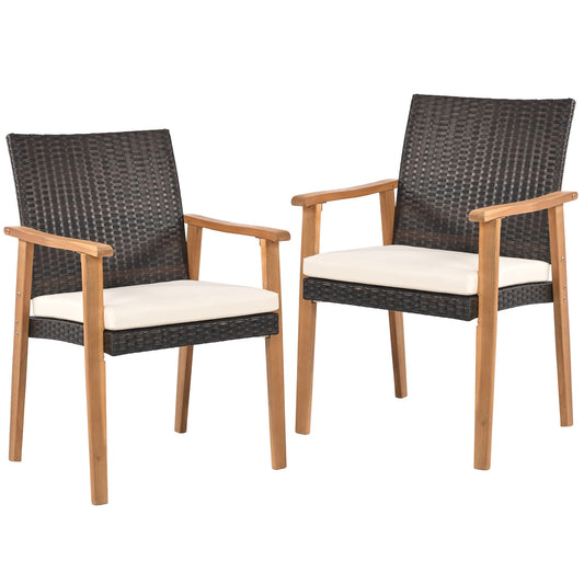 PE Rattan Outdoor Patio Dining Chair Set of 2 with Removable Cushion and Acacia Wood Armrests, White Patio Dining Chairs White at Gallery Canada