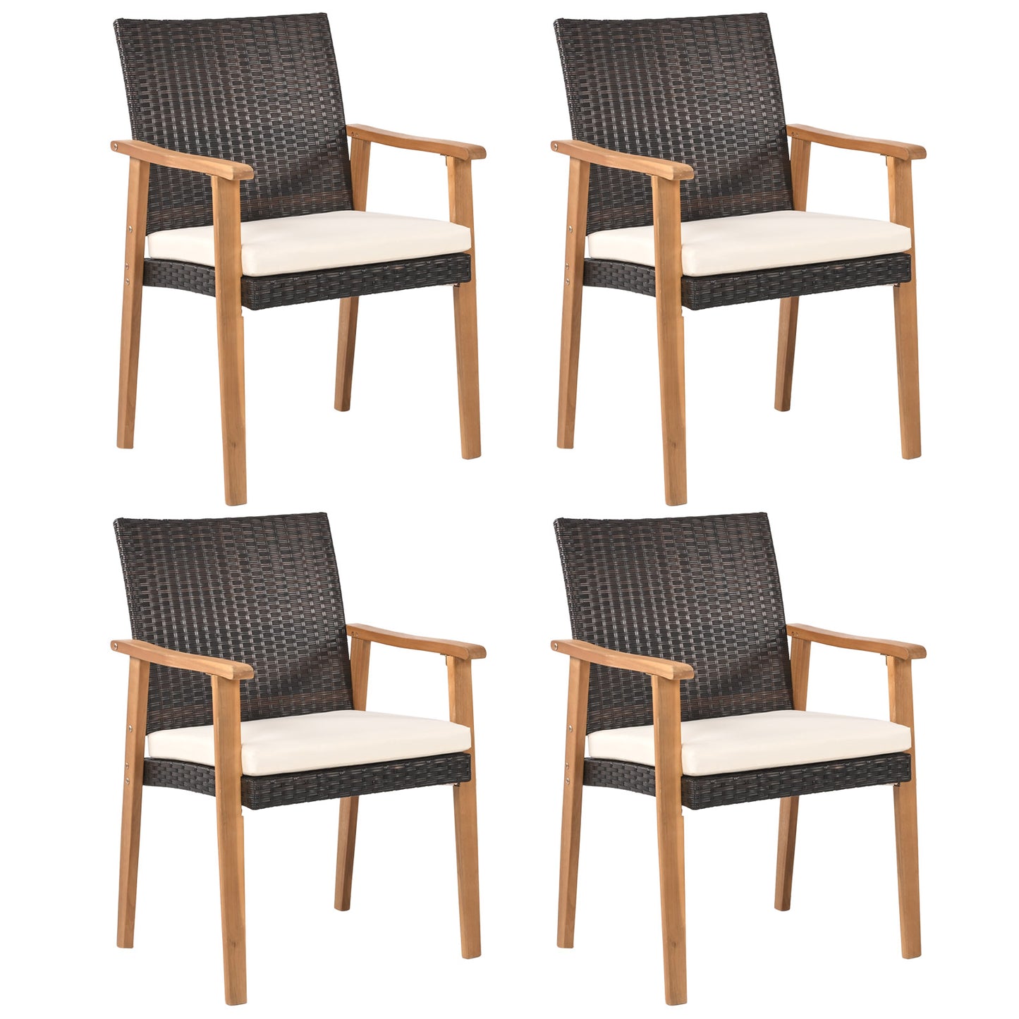 PE Rattan Outdoor Patio Dining Chair Set of 4 with Removable Cushion and Acacia Wood Armrests, White Patio Dining Chairs White at Gallery Canada