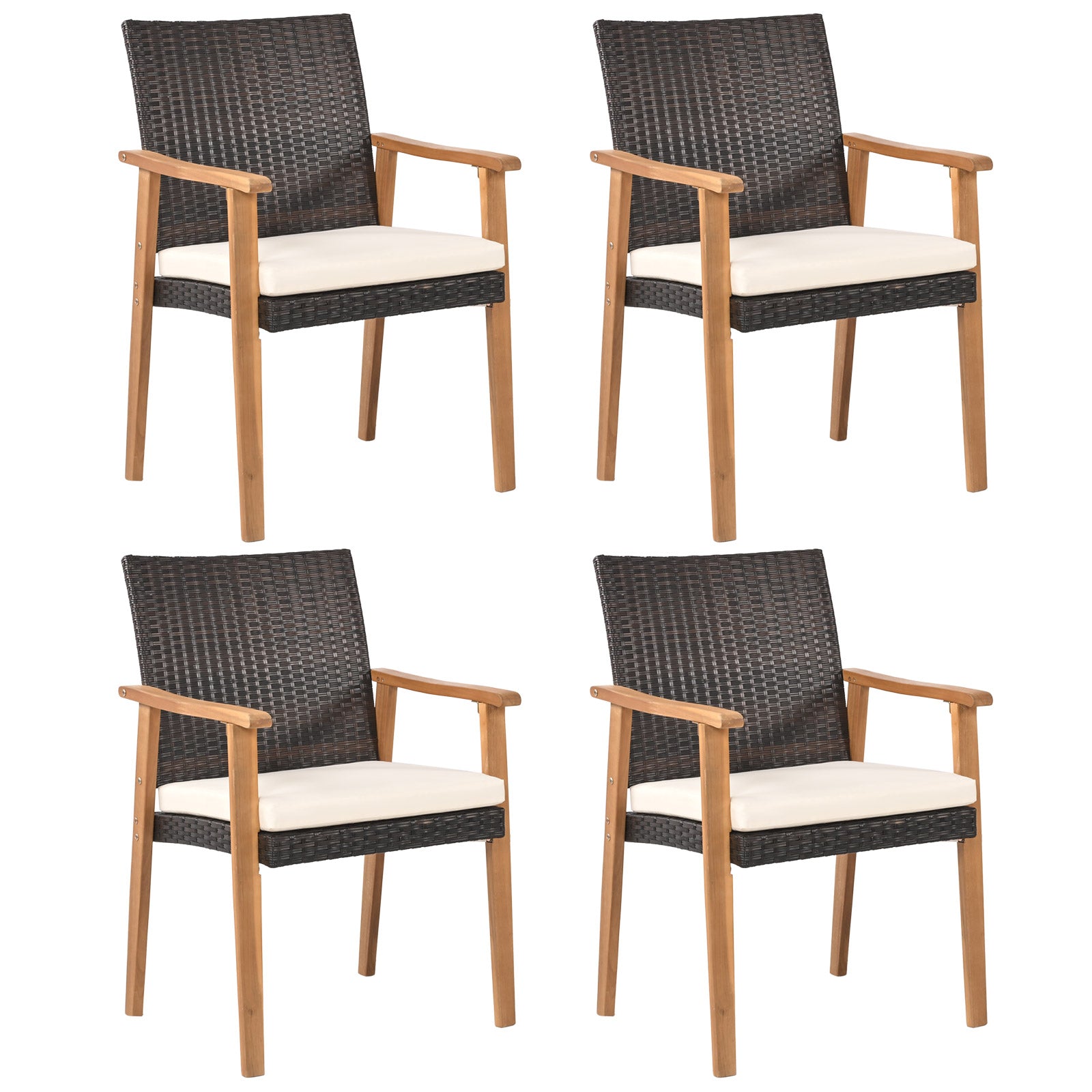 PE Rattan Outdoor Patio Dining Chair Set of 4 with Removable Cushion and Acacia Wood Armrests, White Patio Dining Chairs White at Gallery Canada