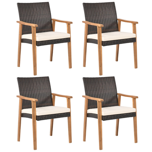 PE Rattan Outdoor Patio Dining Chair Set of 4 with Removable Cushion and Acacia Wood Armrests, White Patio Dining Chairs White at Gallery Canada