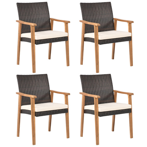 PE Rattan Outdoor Patio Dining Chair Set of 4 with Removable Cushion and Acacia Wood Armrests, White