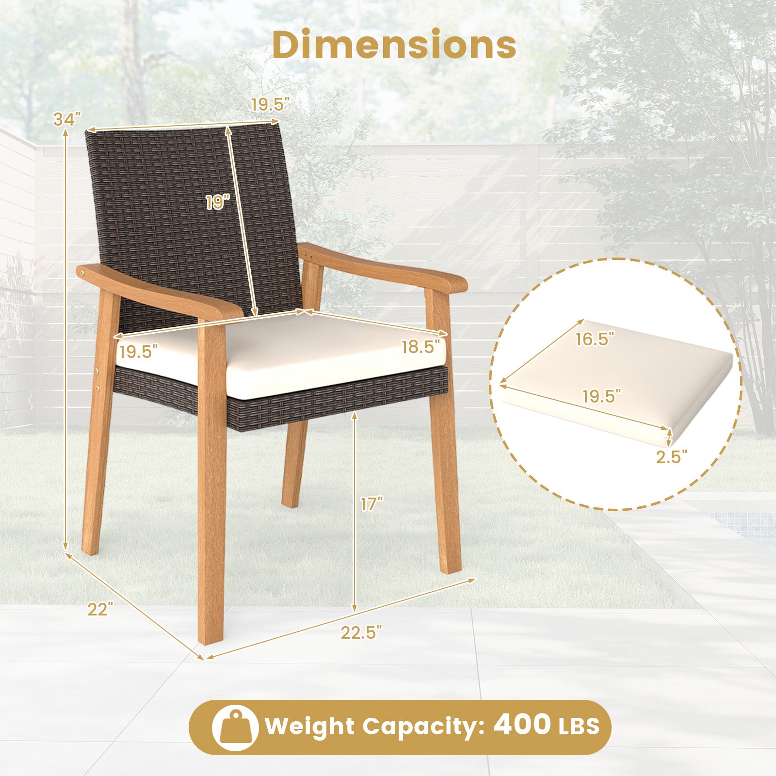 PE Rattan Outdoor Patio Dining Chair Set of 2 with Removable Cushion and Acacia Wood Armrests, White Patio Dining Chairs at Gallery Canada