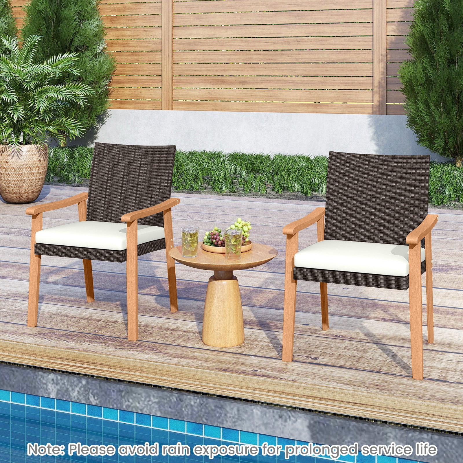 PE Rattan Outdoor Patio Dining Chair Set of 2 with Removable Cushion and Acacia Wood Armrests, White Patio Dining Chairs at Gallery Canada