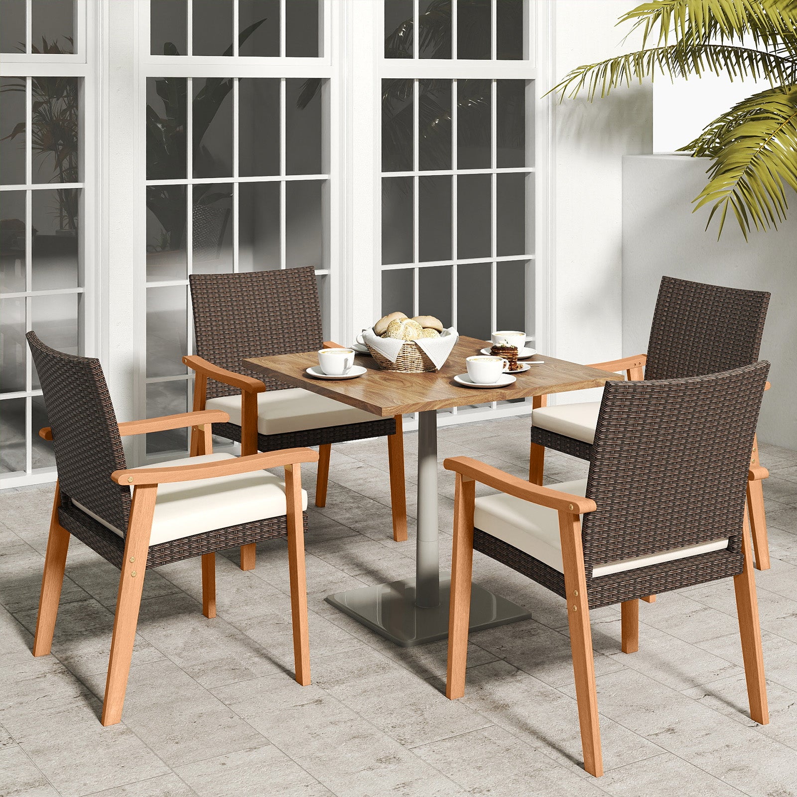 PE Rattan Outdoor Patio Dining Chair Set of 2 with Removable Cushion and Acacia Wood Armrests, White Patio Dining Chairs at Gallery Canada