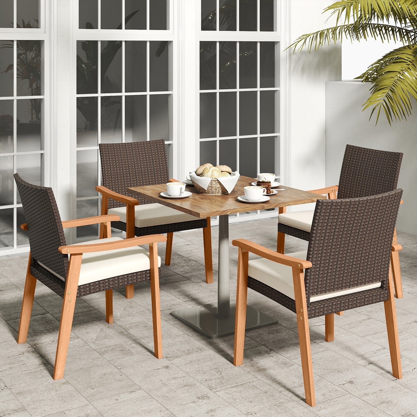 PE Rattan Outdoor Patio Dining Chair Set of 2 with Removable Cushion and Acacia Wood Armrests, White Patio Dining Chairs at Gallery Canada