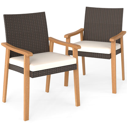 PE Rattan Outdoor Patio Dining Chair Set of 2 with Removable Cushion and Acacia Wood Armrests, White Patio Dining Chairs at Gallery Canada
