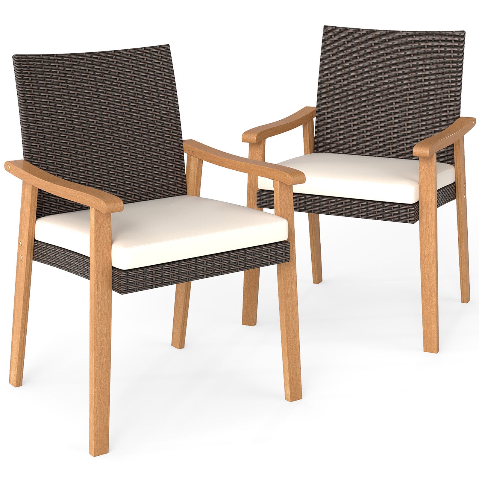 PE Rattan Outdoor Patio Dining Chair Set of 2 with Removable Cushion and Acacia Wood Armrests, White Patio Dining Chairs White at Gallery Canada