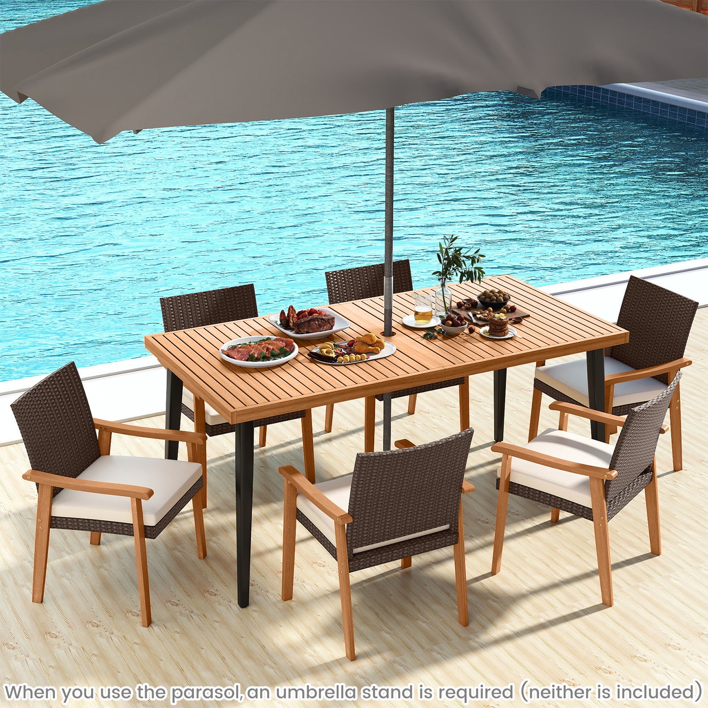 PE Rattan Outdoor Patio Dining Chair Set of 2 with Removable Cushion and Acacia Wood Armrests, White Patio Dining Chairs at Gallery Canada