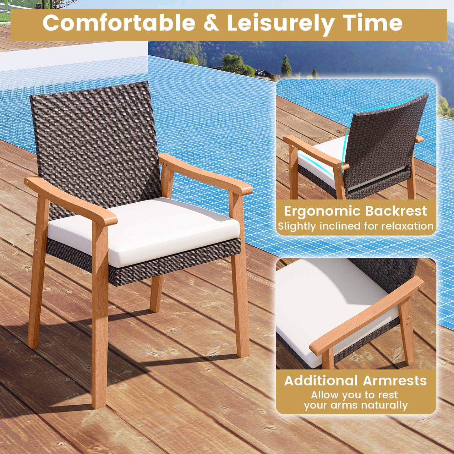 PE Rattan Outdoor Patio Dining Chair Set of 2 with Removable Cushion and Acacia Wood Armrests, White Patio Dining Chairs at Gallery Canada