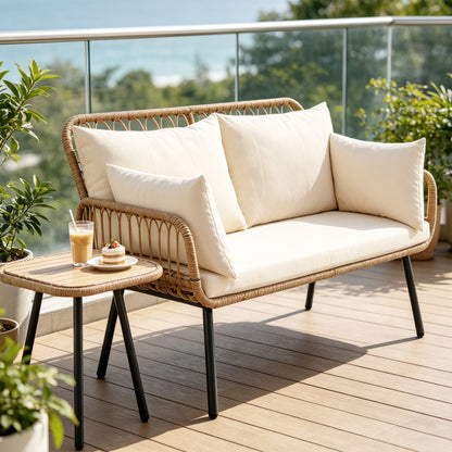 PE Rattan Patio Loveseat 2-Seater Sofa With Pillows, Beige