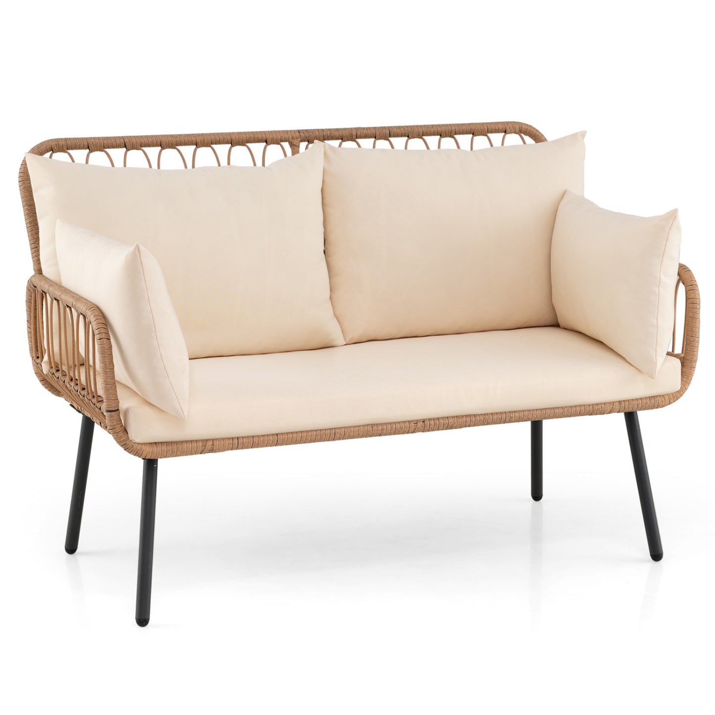 PE Rattan Patio Loveseat 2-Seater Sofa With Pillows, Beige