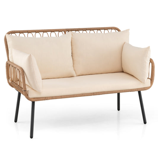 PE Rattan Patio Loveseat 2-Seater Sofa With Pillows, Beige Outdoor Chaise Lounges Beige at Gallery Canada
