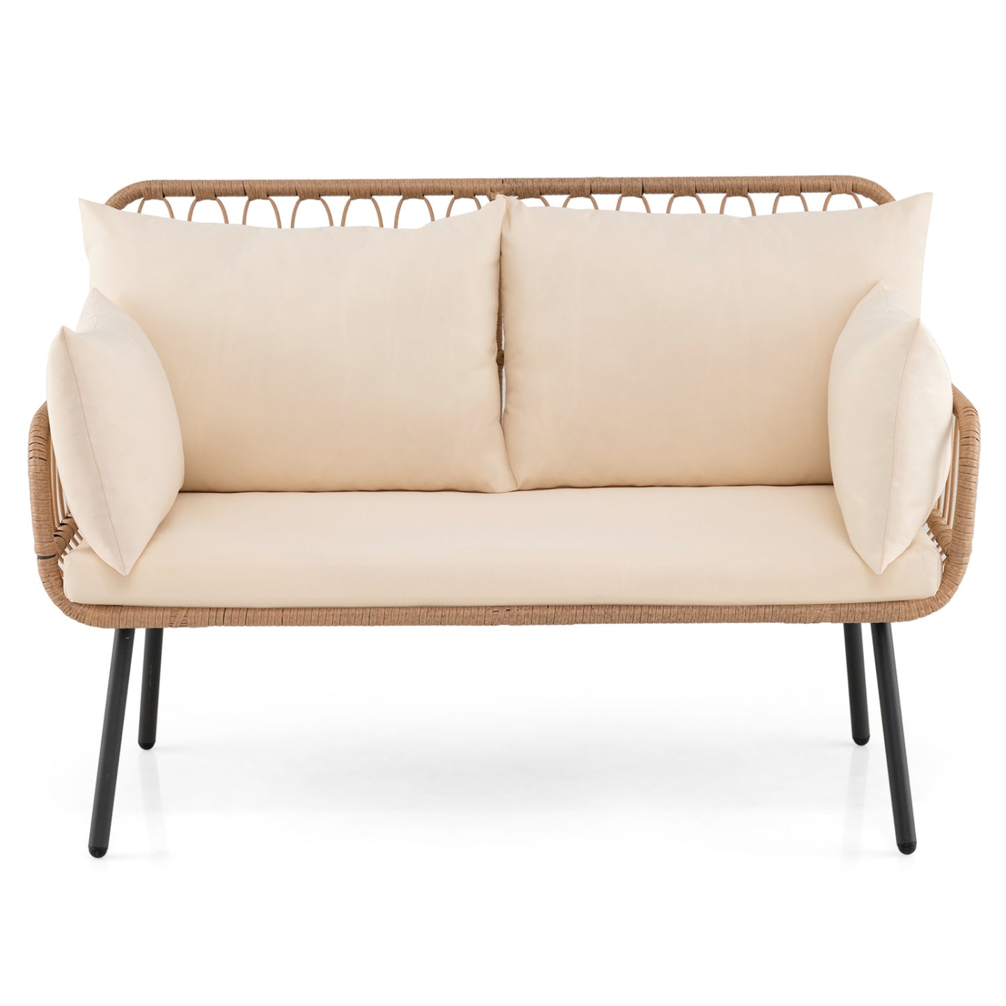 PE Rattan Patio Loveseat 2-Seater Sofa With Pillows, Beige