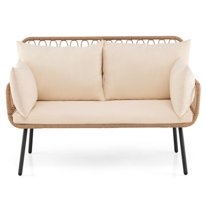 PE Rattan Patio Loveseat 2-Seater Sofa With Pillows, Beige