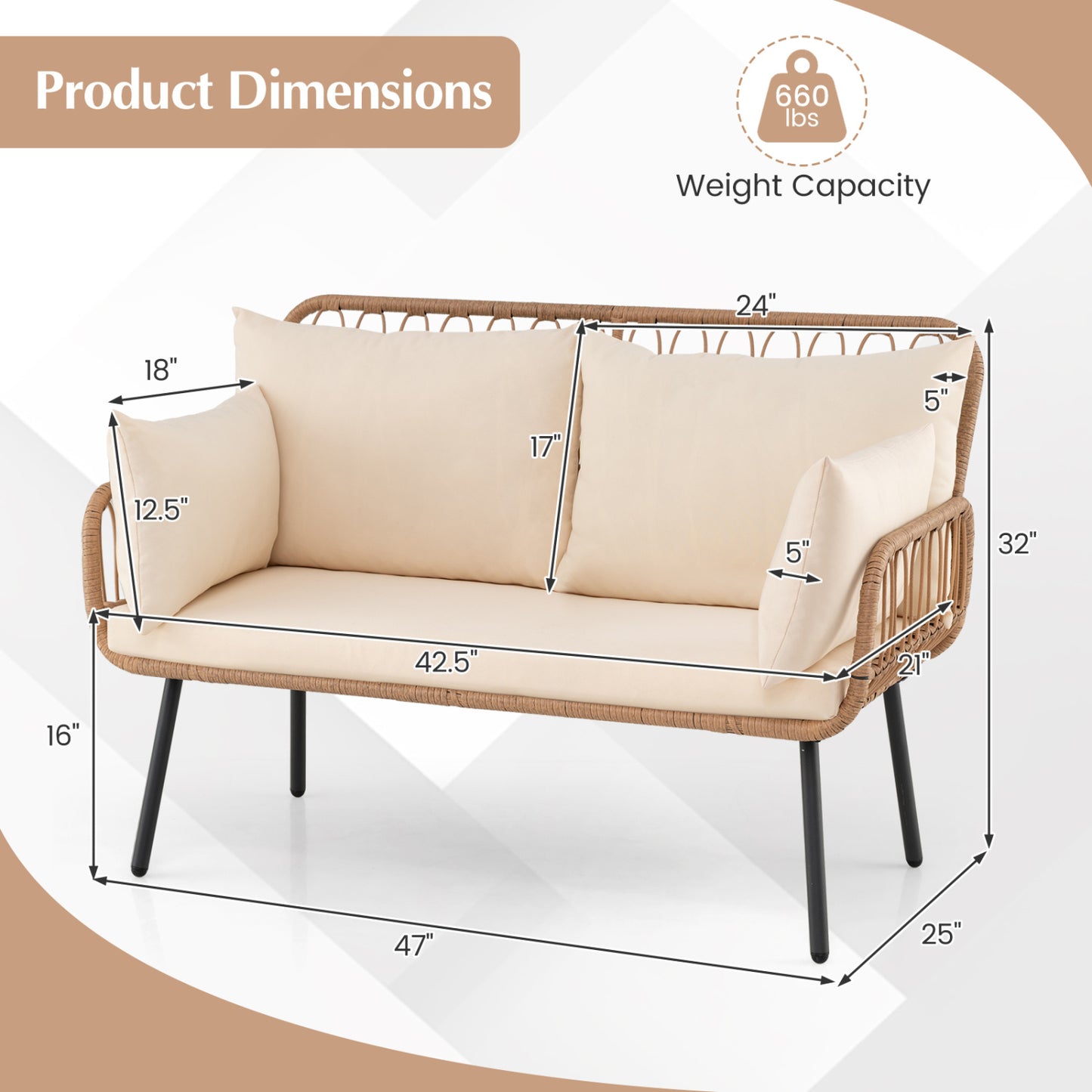 PE Rattan Patio Loveseat 2-Seater Sofa With Pillows, Beige