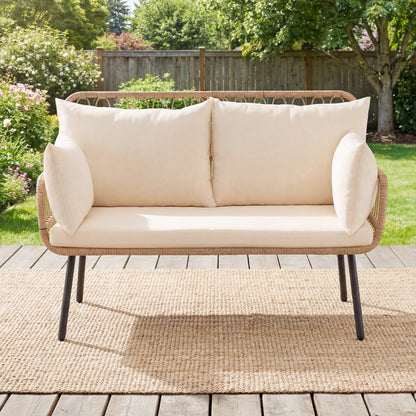 PE Rattan Patio Loveseat 2-Seater Sofa With Pillows, Beige